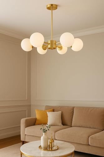 Image of Weldecor Modern Globe Chandelier, 6-Light Ceiling Light Fixture, Brass Gold with White Glass Shades