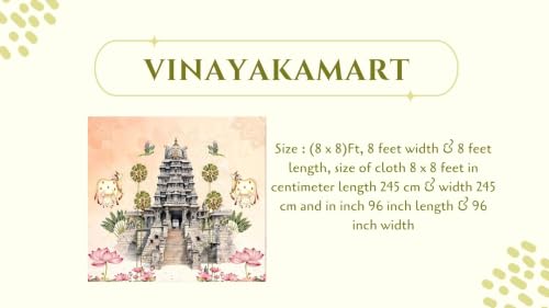 Image of laxmi Devi Backdrop Cloth | Traditional Peach Theme with a Stone Temple Gopuram, Flying Green Parrots, Palm Trees, Holy Cows, and Pink Blooming Lotuses Backdrop | Pooja Backdrop Cloth 8 ft x 8 ft