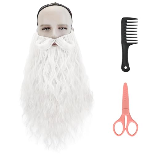 Krfapt Fake Beard for Men Full Long Curly Wizard Handlebar Mustache Cosplay Costume Kit with Elastic Band Includes Comb & Scissors (White)