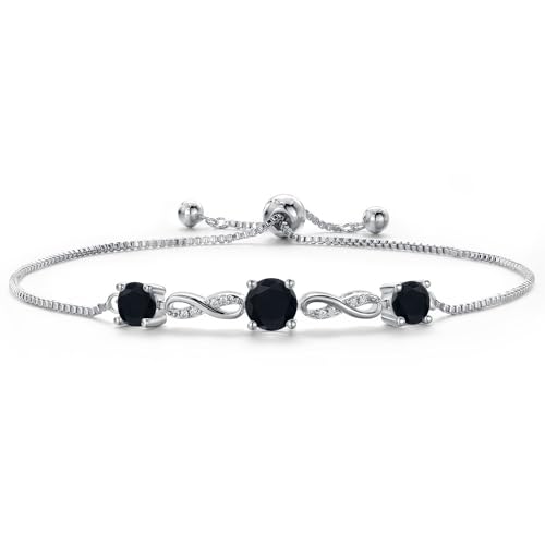 Gem Stone King Gemstone Birthstone Black Onyx and White Moissanite 3-Stone Tennis Bracelet For Women | Round 6MM and 5MM | Fully Adjustable Up to 9 Inch