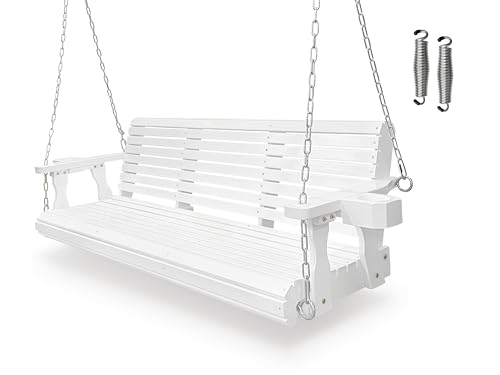 Wooden-Porch-Swing-3-Seater-Bench-Swing-with-Cupholders-Hanging-Chains-and-7mm-Springs-Heavy-Duty-880-LBS-for-Outdoor-Patio-Garden-Yard-High-Gloss-White-5-feet Wooden Porch Swing 3 Seater Bench Swing with Cupholders Hanging Chains and 7mm Springs Heavy Duty 880 LBS for Outdoor Patio Garden Yard High Gloss White 5 feet
