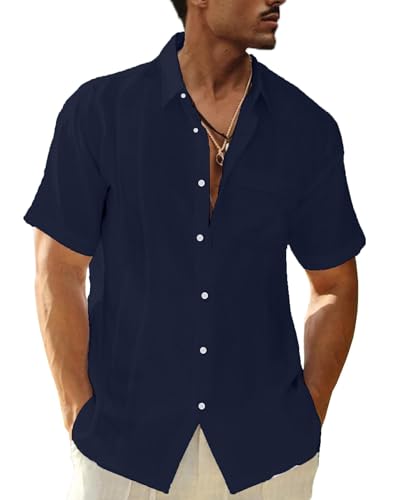 LVCBL Linen Shirts Men Shirt Lapel Short Sleeve Regular Fit with Pocket Navy XL
