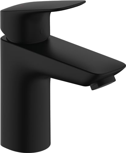 hansgrohe Logis - grifo lavabo con vaciador automático, grifo monomando lavabo 93 mm, mezclador monomando lavabo ahorro de agua (EcoSmart), negro mate, 71100670