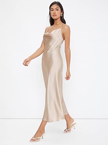 Floerns Women's Spaghetti Strap Cowl Neck Long Slip Satin Silk Midi Dress Apricot XS