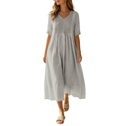 Robe d'été à manches 3/4 femme en coton lin robe de loisirs unie