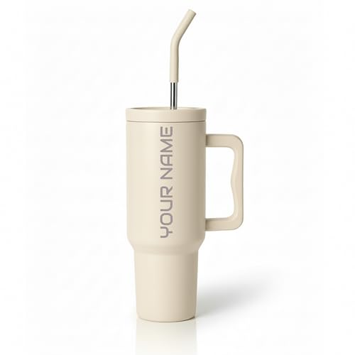 Image of Speedex 1200 ml Customized Name Insulated Stainless Steel Tumbler with Handle, Straw & Cleaning Brush, Personalized Sipper Bottle, Double Wall Leakproof Travel Mug Gift (Cream, 1.2 l)