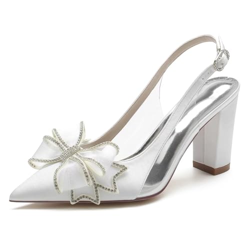Women's Chuky Block Heels Satin Wedding Shoes for Bride Bow Pointed Toe Bridal Party Dress Shoes Slingback Prom Pumps