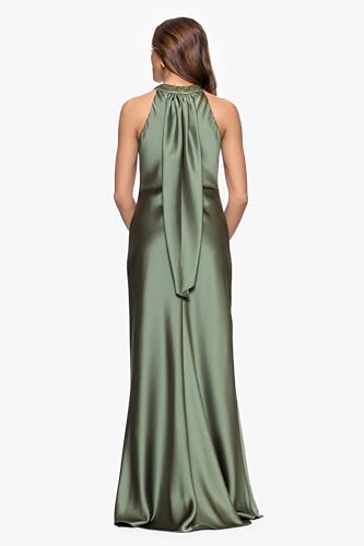 Image of Xscape Evenings Women's Long, Ruched Bodycon Low-Sheen Cross Front Halter Neck Evening Dress with Ruffle Detail