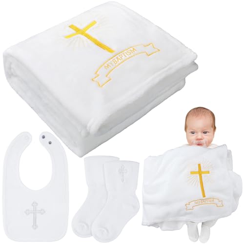 Panitay Set of 3 Baby Baptism Blanket White Bibs Baptism Socks for Baby Boys Girls Soft Coral Fleece White Receiving Blanket Christening Dedication Accessories