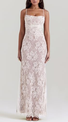 Women Vintage Cream Lace Maxi Dress Romantic Long Sleevees Lace Bodycon Dress White S - Thumbnail 3