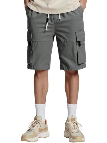 PrimeCrest Pantalones Cortos Hombre Cargo Algodon Bermudas con Bolsillos Verano Estilo Trabajo Casual Cordón Ajustable Cintura Elástica Deporte Gym Holgados Leisure Shorts Gris L