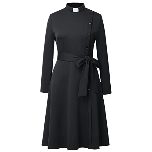 FAD-4U Church Clergy Dress for Women Spring/Autumn Long Sleeve Rows Buttons A Line Dress with Tab Collar and Belt2