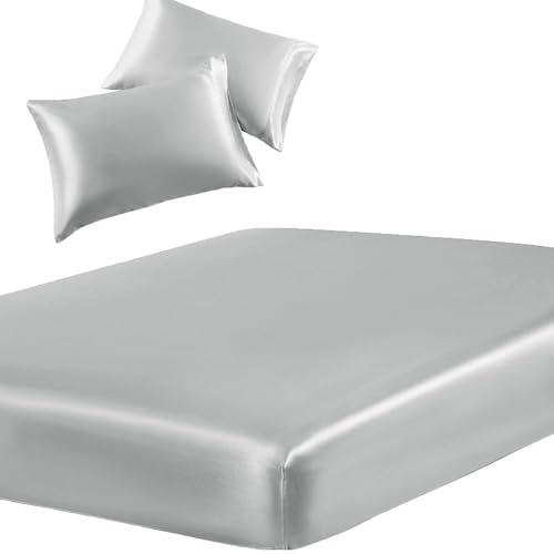 Image of SiinvdaBZX 3-Piece Set Satin Full Fitted Sheet & 2 Pillowcase, Silver Grey Silky Soft Fitted Bottom Sheet, Wrinkle Free, Fade Resistant, Deep Pocket Bed Sheet (Deep Up to 15 inch)