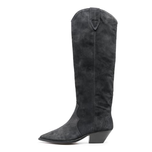 FYS Women's Pointed Toe Knee High Boots Chunky Block Low Heel Boots Pull on Wide Calf Cowboy Casual Shoes Size 4-16 US2