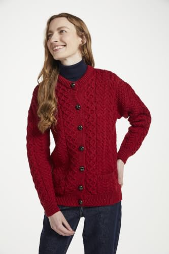 Image of Aran Woollen Mills Achill Women's Irish Cable Knit Aran Cardigan, 100% Merino Wool, Made in Ireland, Cream