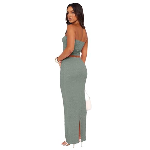 Image of Two Piece Dress Outfits for Women Sleeveless Tube Tops Bodycon Maxi Dress Summer Strapless Crop Top Sexy Suits Set