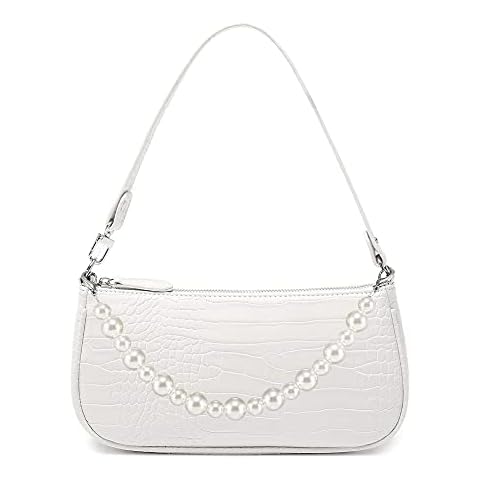 BLUEEE CHECKERS White pearl 90s Bag Retro Classic Clutch Small Shoulder Tote Handbag with Croc Pattern & Zipper Closure for Women Cross Body Clutch Purse + 1 Removable Pearl Chain, 28 x 13 x 5cm Cover