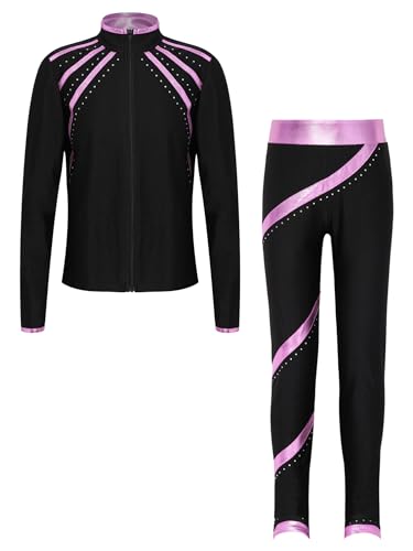 TiaoBug Kids Girls Figure Skating Outfits Roller Ice Skating Practice Training Suit Spiral Jacket Pants Tracksuit Set