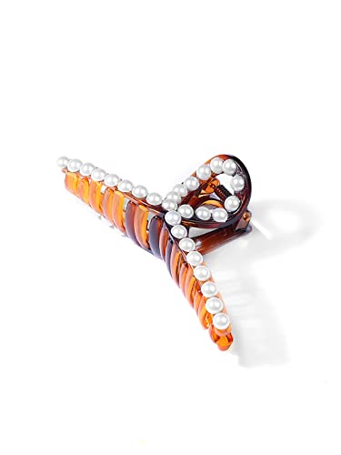 Image of Lilly & Sparkle Brown Pearl Studded Hair Claw Clips ||Big Size Clutcher For Womens And Girls