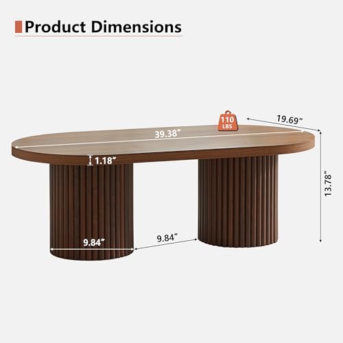 Image of Oval Fluted Coffee Table for Living Room, Modern Small Coffee Table,Walnut | Mid Century Modern Coffee Table with Fluted Legs, Wooden Center Table for Home Office Cafe, Vintage, 39.38 inch x 19.69 inch x 13.78 inch