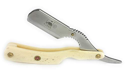 GBS Classic Straight Edge Razor Barber Shavette + Brush and Razor Stand - Ivory Horn Handle - Gold Accents + 10 Blades Men's Manual Shaver Excellent Locking Safety Mechanism