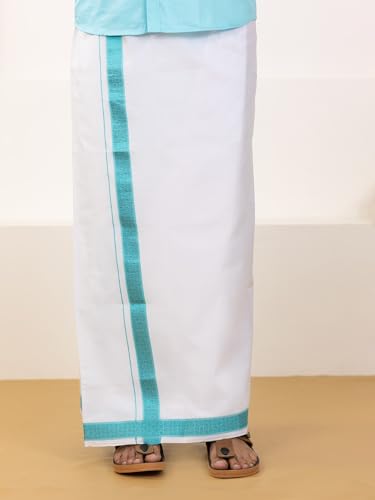 Image of RAMRAJ COTTON Men Premium Cotton Full Sleeves Shirt and Fancy Border Dhoti Set Luxe Set