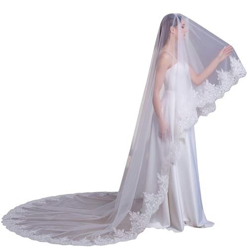 Ophea Veily 2 Tier Lace Applique Cathedral Length Blusher Wedding Bridal Veil with Comb Ivory