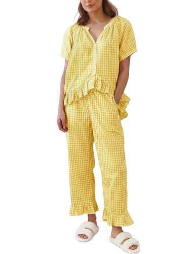 Image of Gihuo Gingham Pajama Set for Women 2 Piece Plaid Cotton Button Down Top and Pants Ruffle Babydoll Pjs Lounge Sets