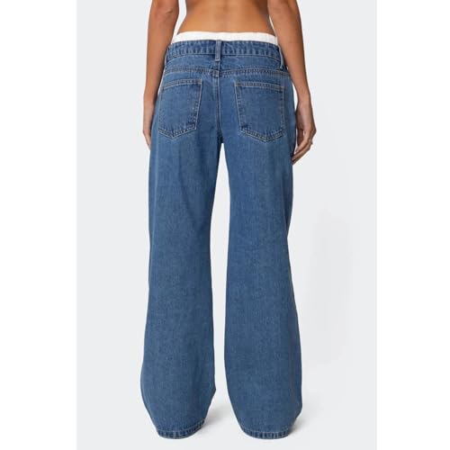 Mxiqqpltky High Waisted Jeans for Women Y2K Color Block Patchwork Drawstring Wide Leg Denim Pants Vintage Boyfriends Pants3