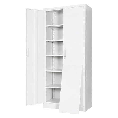 Steel SnapIt Cabinet, 71 Inch Metal Storage Cabinet with Locking Doors and 5 Adjustable Shelves, Garage Cabinet, Tool Cabinets for Office and Home Use (White)