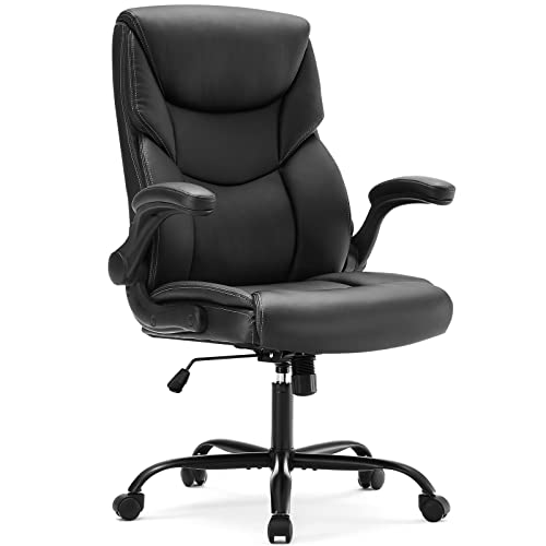 DUMOS Office Chair - Ergonomic Executive Computer Desk Chairs with Adjustable Flip-up Armrest, Swivel Task Chair with Lumbar Support, Strong Metal Base, PU Leather, Black