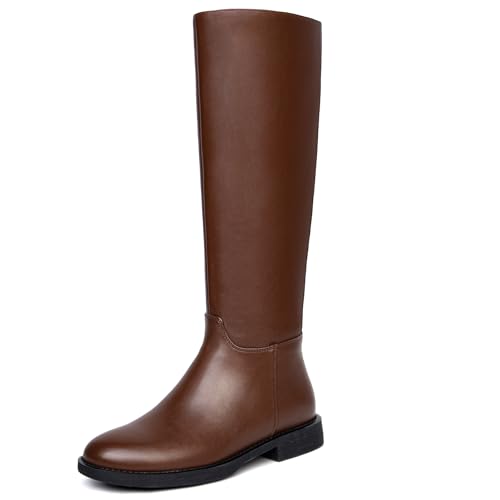 Image of Women's Knee High Boots Flat Round Toe Low Heel Tall Boots Side Zipper Fall Riding Long Boot