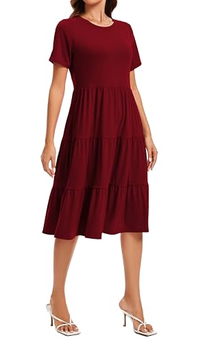 Image of Womens Summer Short Sleeve Crew Neck Midi Dress 2026 Casual Fit Flowy Tiered Beach Vacation Sundress with Pockets