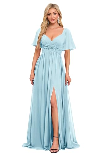 Image of Women's Flutter Sleeves Chiffon Bridesmaid Dresses with Slit Long A Line V-Neck Formal Party Dress with Pockets