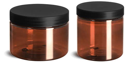 8 oz Plastic Jars, Amber PET Straight Sided Jars w/Frosted Black Lined Caps