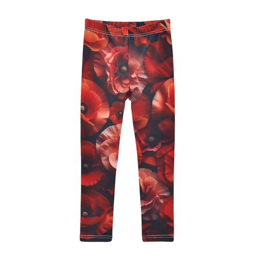 Red Flowers Poppy Floral Girls Leggings Stretchy Dance Pants for Kids