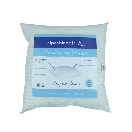 Alpes Blanc - Oreiller en Plumes 65x65cm - Fabriqué en France – Garnissage 100% plumettes – Enveloppe antiacariens – Moelleux et gonflant