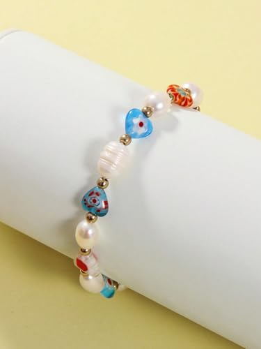 Generic One Natural Freshwater Pearl Heart Thousand Flowers Glass Beaded Bracelet (SB-0022-Mix)2