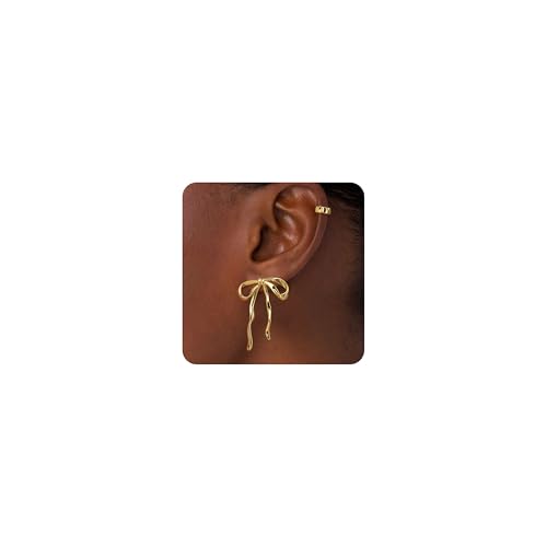 Gold Earrings for Women, 14k Gold Plated Bow Ribbon Earrings Hypoallergenic Non-Tarnish Dainty Cute Stud Tragus Piercing Earring Fashion Accessories for Her