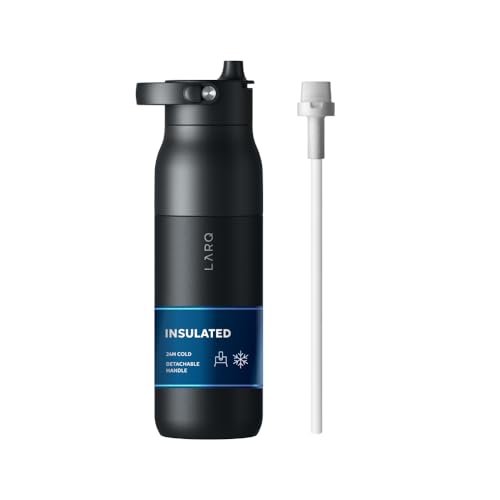 LARQ Swig Top Insulated Stainless Steel Water Bottle with Straw Detachable Silicone Handle Vacuum 24h Cold BPA-Free Metal Bottle for Gym Travel Office Wide Mouth for Ice 23 oz O. Black