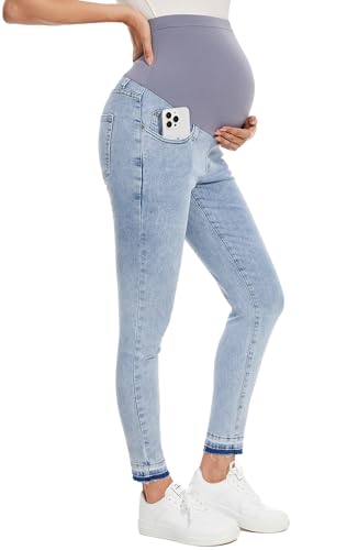 PACBREEZE Pantalones Vaqueros de Maternidad para Mujer, Ajustados, elásticos, cómodos, Delgados, para Embarazo, B02: 68 cm, Azul Claro, Large