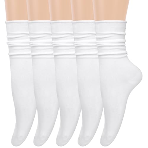 5 Pairs Slouchy Socks for Women, Crew Cotton Socks with Cute Roll Top Casual Calf Long Sock