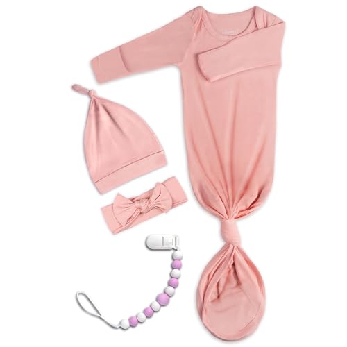 Image of Newborn Baby Knotted Gown, Super Soft Silky Infant Long Sleeve Sleeper with Mittens and Hat & Bowknot Set (Extra Long)