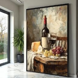 Toile nature morte classique vin et fromage 30x40 cm pour une déco murale de cuisine vintage
