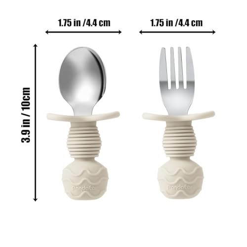 PandaEar 6 Stück Kinderbesteck| Silikongriff Edelstahl Kindergeschirr Set | Baby Besteck Esslernbesteck ab 1 jahr | Kinder Löffel und Gabel Set für Baby| BPA frei Lernbesteck (Pink/Beige)