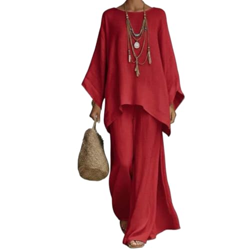 Conjunto de dos piezas de lino de mujer y pantalón ancho de diseño fluido natural