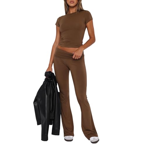 Loalirando Completo Sportivo Donna Tuta da Ginnastica 2 Pezzi Tinta Unita Crop Top Manica Corto Collo Rotondo + Pantaloni a Vita Bassa Sportwear per Yoga Corso Palestra Fitness (Coffee, L)