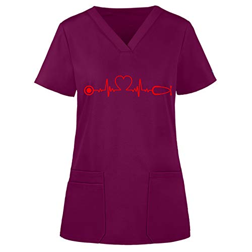 LuckycatDD Femmes Super Simple Solide À Manches Courtes Col en V Infirmière Tops Coeur Battant Uniforme De Travail Couleur Unie avec Chemisier De Poche Cover