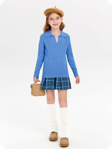Image of Girls Sweaters Kids Fashion Cable Knit Collared V Neck Pullover Sweater Tops 5-14 Years