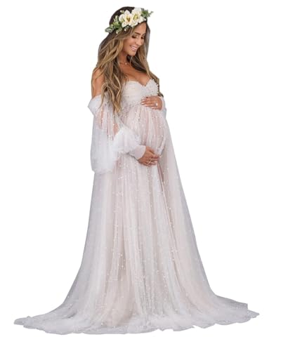 Molisa Women's Pearl Tulle Maternity Dress for Photoshoot Long Puffy Sleeve Off Shoulder Babyshower Bridal Pregnancy Gowns